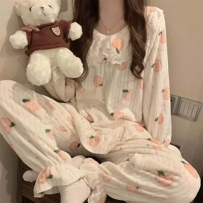 Sleep Home 2 téli szett Piiama öltönydarab csipke hálóruha koreai viselet bársony gyapjú őszibarack nők meleg nadrág pizsama bolyhos éjszaka - 5