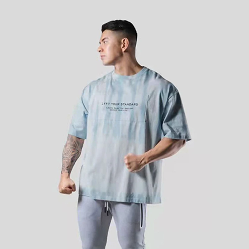 Sport Fitness rövid ujjú póló férfi nyári új laza felső hiphop ábécé nyomtatás legénység O-nyak légáteresztő gyors száraz ruházat - 0