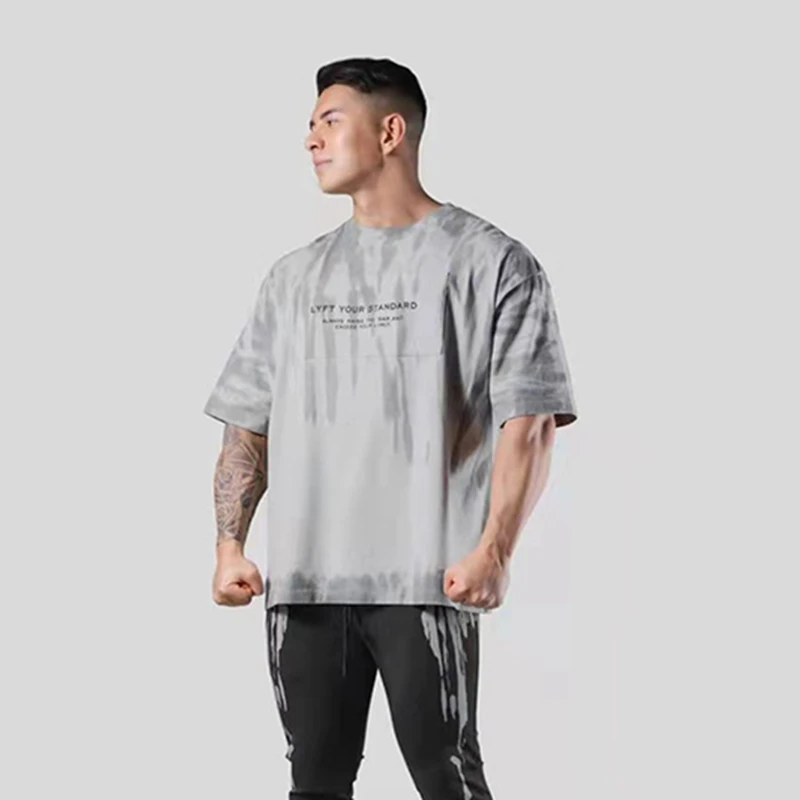 Sport Fitness rövid ujjú póló férfi nyári új laza felső hiphop ábécé nyomtatás legénység O-nyak légáteresztő gyors száraz ruházat - 4