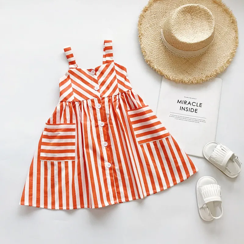 Summer Baby Kids Girl's Slip ruha ujjatlan szögletes gallér csíkos fodros A-vonalú ruha alkalmi napi - 0