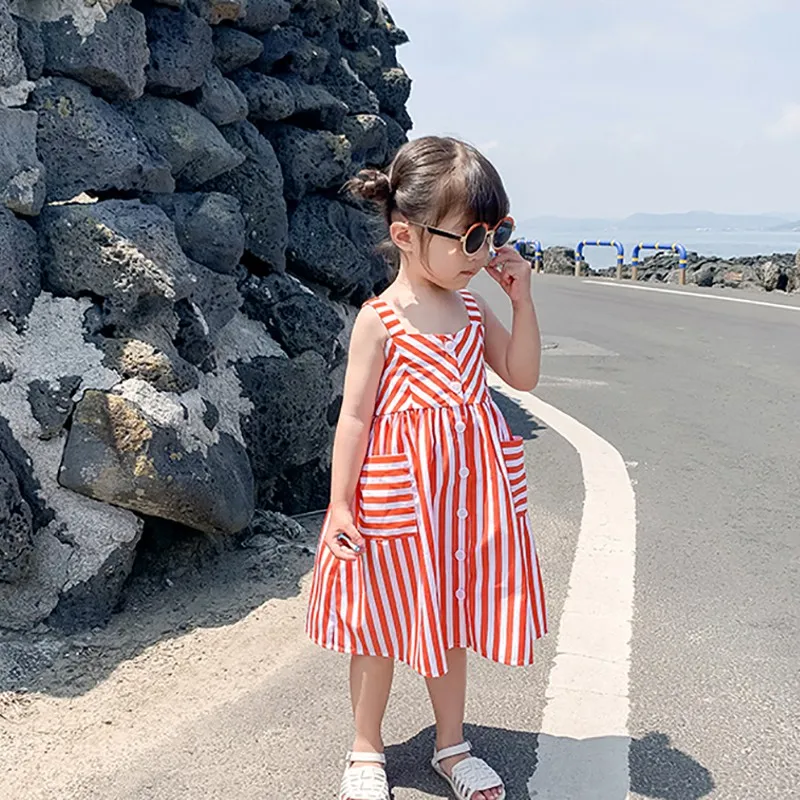 Summer Baby Kids Girl's Slip ruha ujjatlan szögletes gallér csíkos fodros A-vonalú ruha alkalmi napi - 1