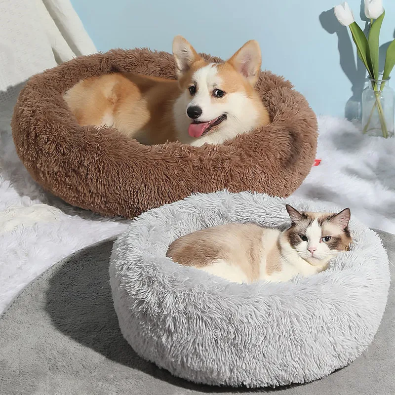 Super Soft kisállatágy Kennel House Dog Round Cat téli meleg hálózsák Hosszú plüss nagy kölyök párna szőnyeg Hordozható macska kellékek - 0