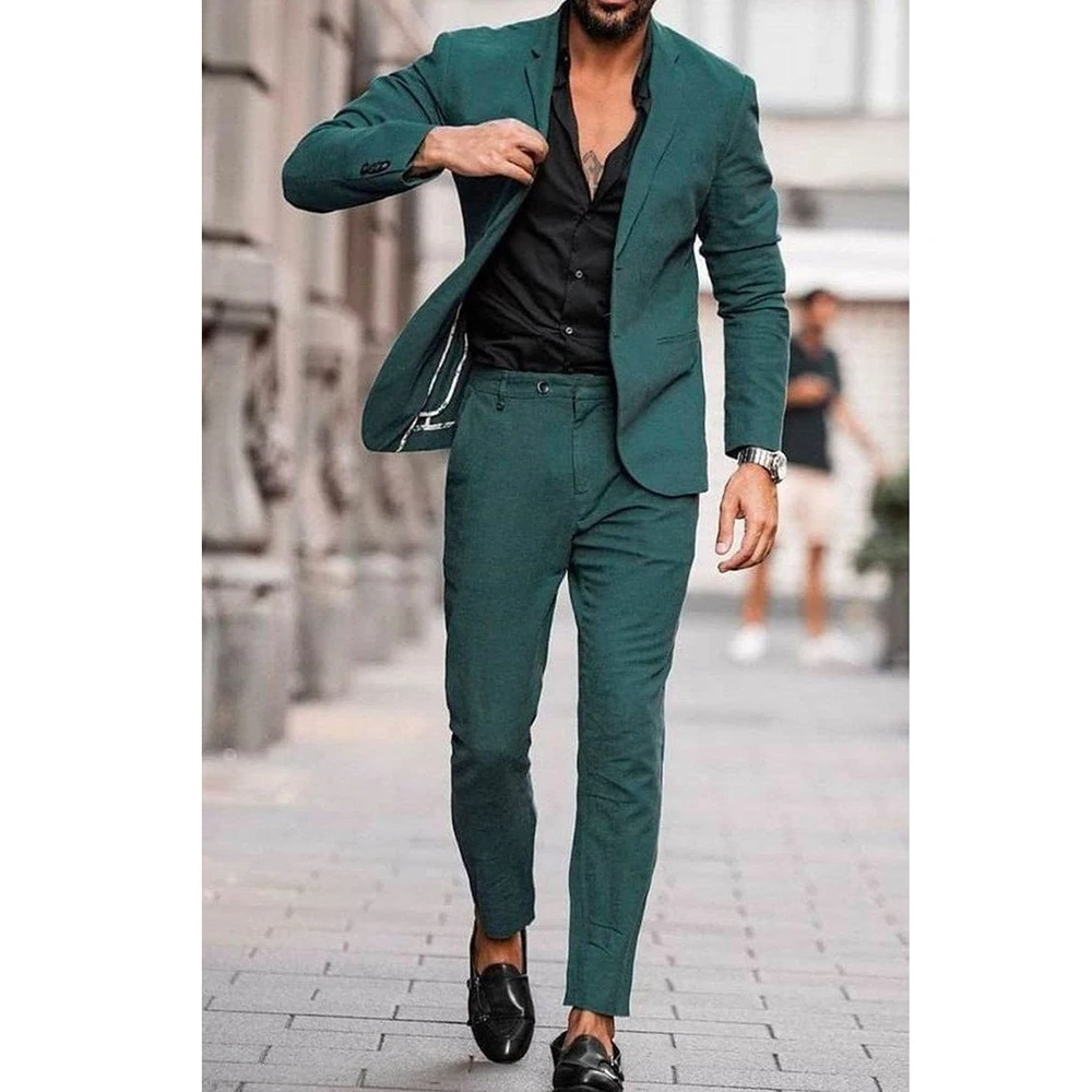 Szabadidő Terno Green Hombre öltönyök férfiaknak Egymellű rovátkolt hajtókás jelmez Alkalmi kétrészes kabát nadrág Slim Fit Masculinos - 0