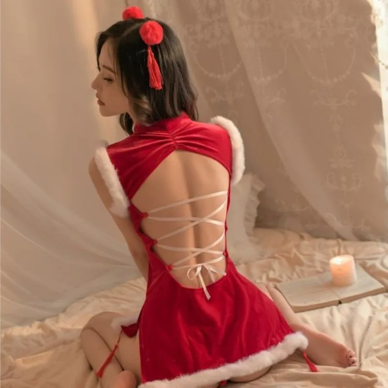 Szexi fehérnemű Bársony karácsonyi parti piros ruha retro Qipao egyenruha exponálja mellkas hát nélküli Cheongsam karácsony újévi cosplay jelmez - 2