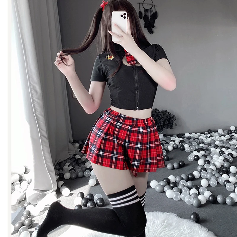 Szexi JK Cosplay Tartan Japán iskoláslány pornó egyenruha fehérnemű szett hímzés rakott szerepjáték jelmez kockás szoknyával - 0