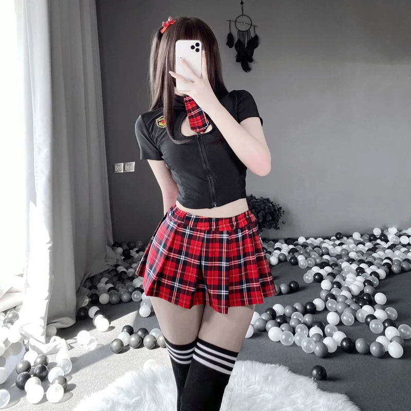 Szexi JK Cosplay Tartan Japán iskoláslány pornó egyenruha fehérnemű szett hímzés rakott szerepjáték jelmez kockás szoknyával - 1