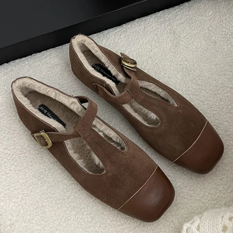 Szőrös meleg női cipők Divat SquareToe Mary Janes női T-pántos lábbeli 2023 őszi plüss sekély női lakások cipők - 2
