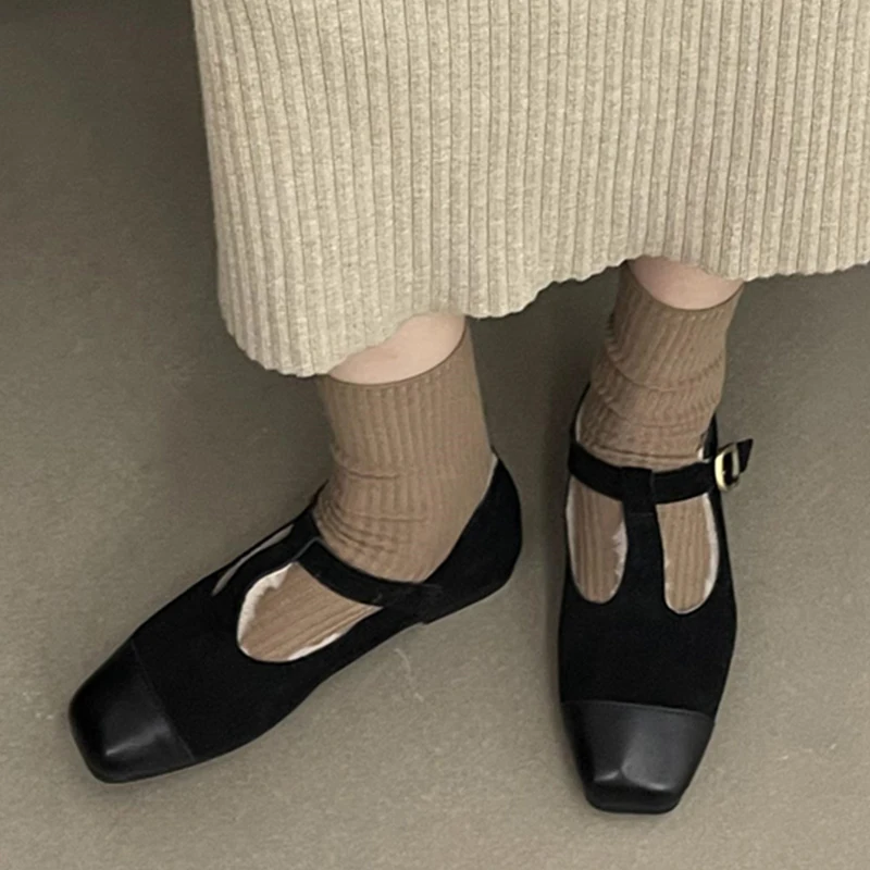 Szőrös meleg női cipők Divat SquareToe Mary Janes női T-pántos lábbeli 2023 őszi plüss sekély női lakások cipők - 4