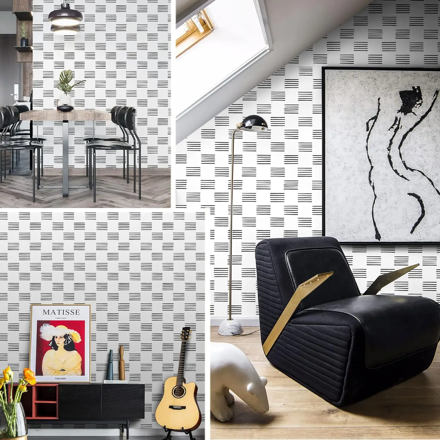 sűrített fekete/fehér geometriai vonalhámló és ragasztott vinil fólia kontaktpapír Kivehető öntapadó tapéta hálószobai dekorációhoz - 1