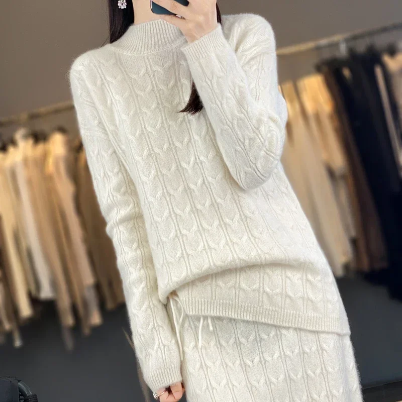 Tailor Sheep kötött pulóver teljes ujjú pulóver Exquisite Fashion félszoknya női 100% tiszta gyapjú szett - 5