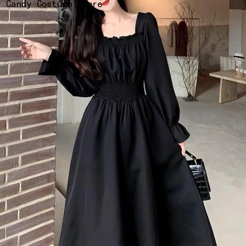 Tavaszi őszi ruhák Fekete Elegáns Nők Vintage Hosszú ujjú Szögletes gallér Oversize Laza alkalmi köntös Streetwear Ruha - 0