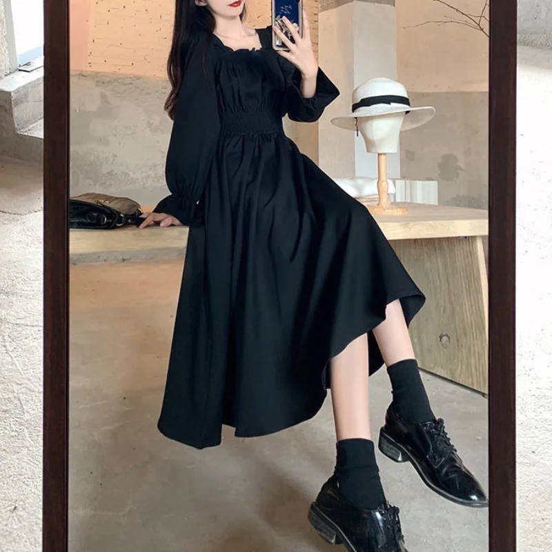 Tavaszi őszi ruhák Fekete Elegáns Nők Vintage Hosszú ujjú Szögletes gallér Oversize Laza alkalmi köntös Streetwear Ruha - 1