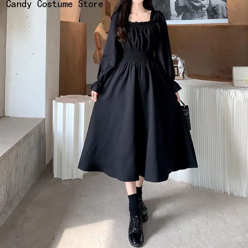 Tavaszi őszi ruhák Fekete Elegáns Nők Vintage Hosszú ujjú Szögletes gallér Oversize Laza alkalmi köntös Streetwear Ruha - 2