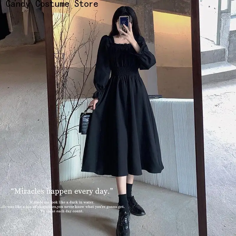 Tavaszi őszi ruhák Fekete Elegáns Nők Vintage Hosszú ujjú Szögletes gallér Oversize Laza alkalmi köntös Streetwear Ruha - 3