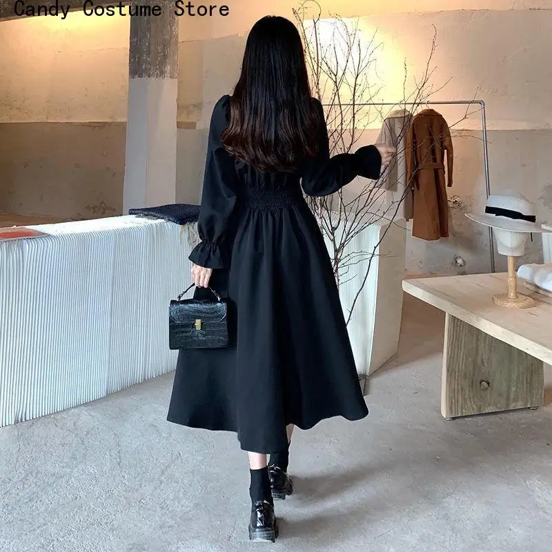 Tavaszi őszi ruhák Fekete Elegáns Nők Vintage Hosszú ujjú Szögletes gallér Oversize Laza alkalmi köntös Streetwear Ruha - 4