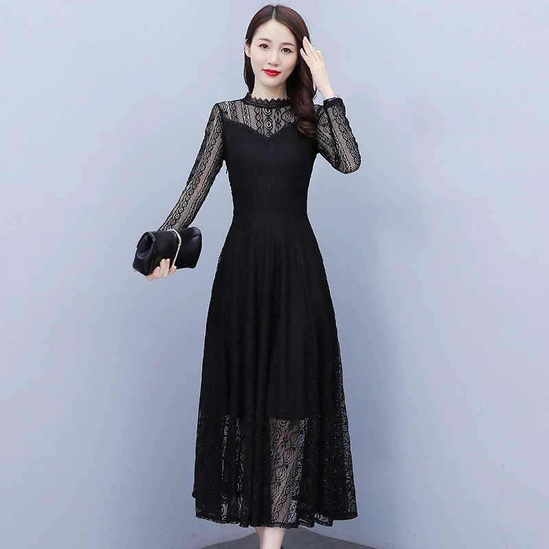 Temperamentum divatos csipke tündér ruha női 2023 új őszi hosszú ujjú nagy méretű alkalmi karcsúsító üreges hálós ruha - 0