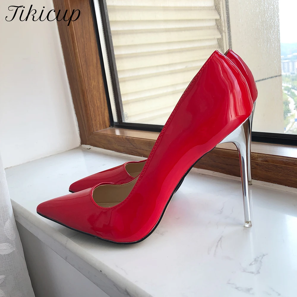 Tikicup 11cm magas ezüst sarkú nők szexi szabadalom hegyes orrú tűsarkú pumpák esküvői menyasszonyi cipő piros fekete plus size 43 44 45 46 - 0