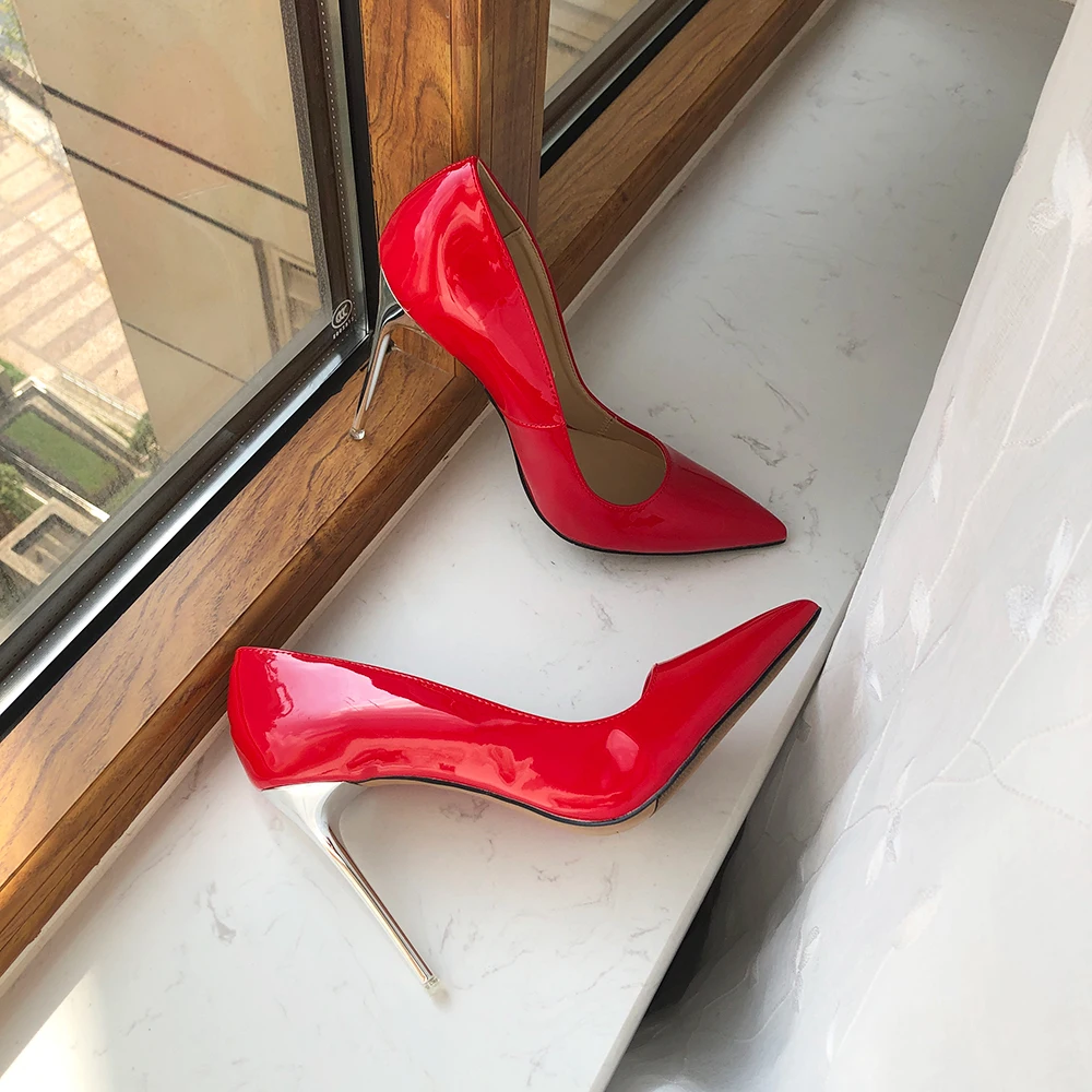 Tikicup 11cm magas ezüst sarkú nők szexi szabadalom hegyes orrú tűsarkú pumpák esküvői menyasszonyi cipő piros fekete plus size 43 44 45 46 - 4