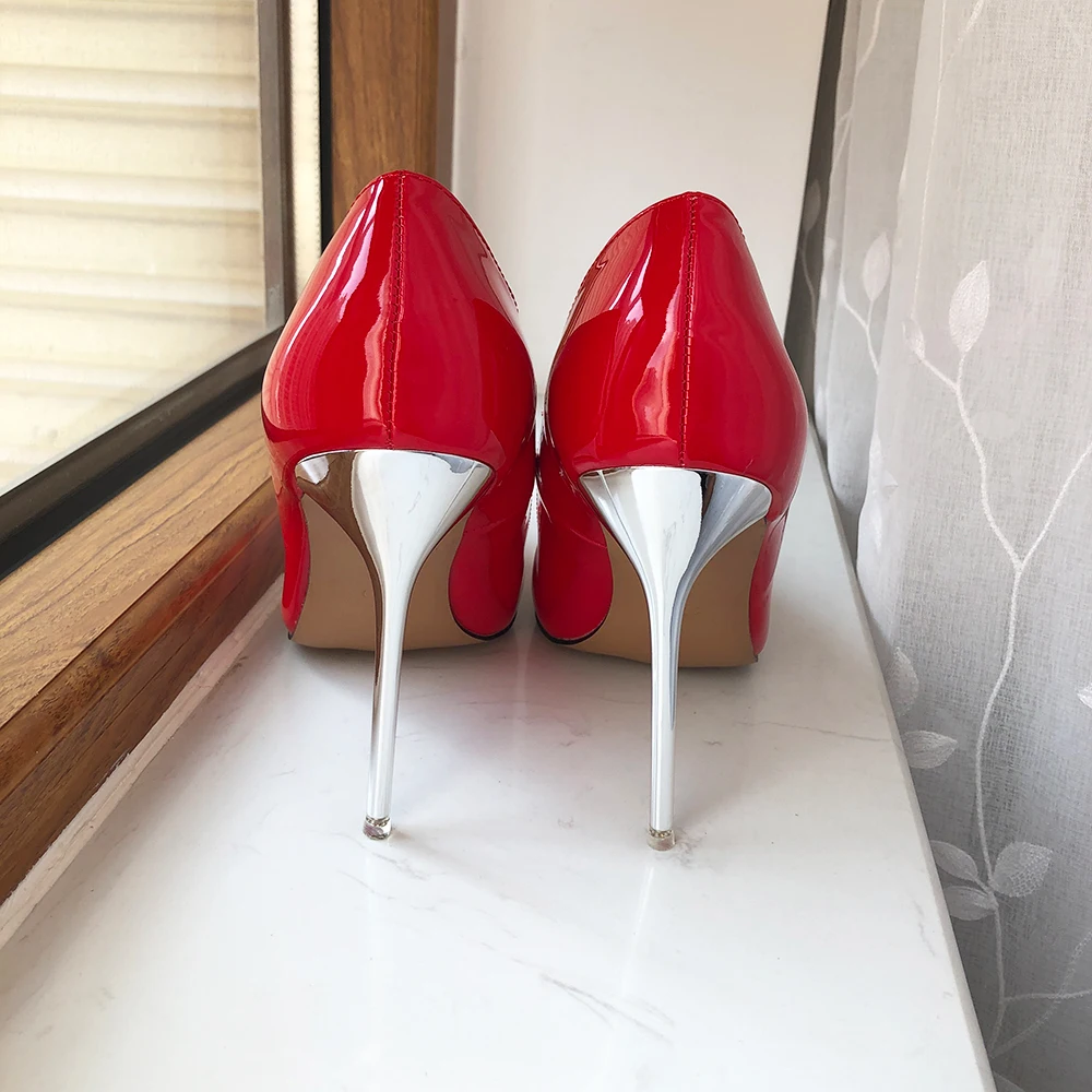 Tikicup 11cm magas ezüst sarkú nők szexi szabadalom hegyes orrú tűsarkú pumpák esküvői menyasszonyi cipő piros fekete plus size 43 44 45 46 - 5