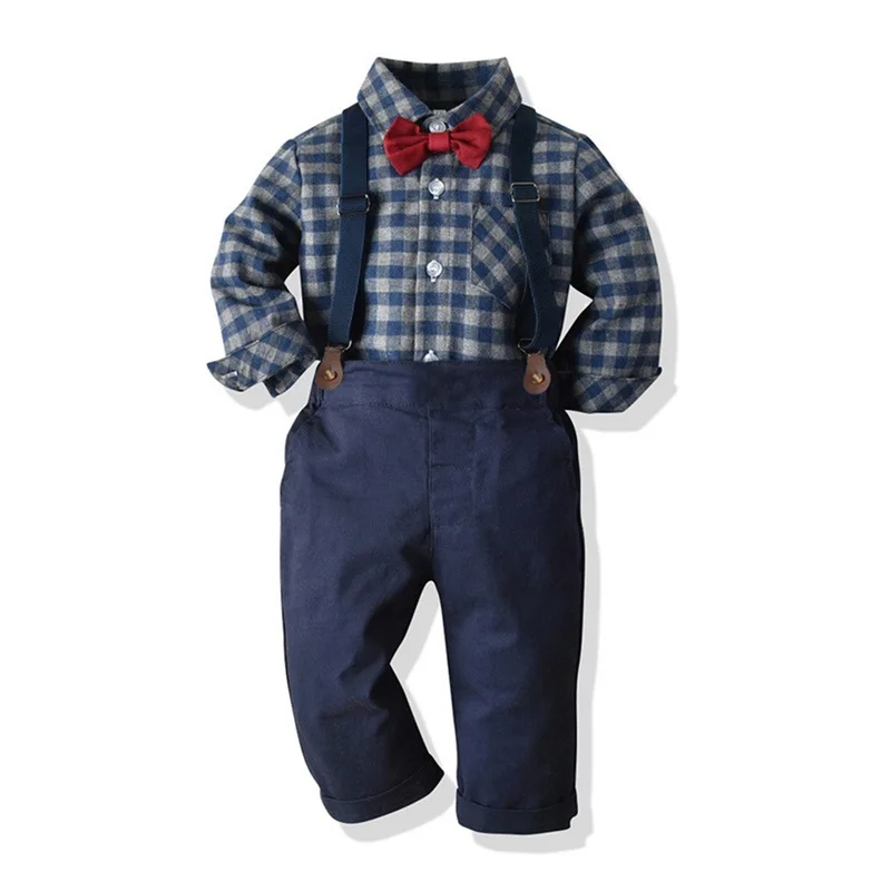 Toddler Boy Gentleman Suit Kid Formális Outfit Hosszú ujjú hajtóka Gomb Up kockás ing Suspender nadrág szettek - 0