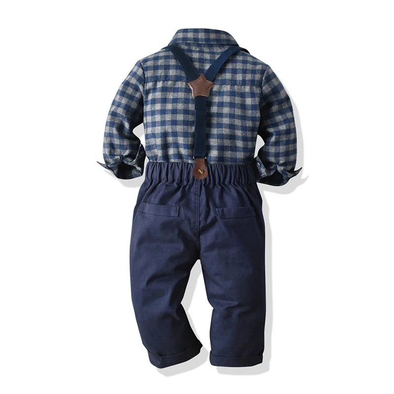 Toddler Boy Gentleman Suit Kid Formális Outfit Hosszú ujjú hajtóka Gomb Up kockás ing Suspender nadrág szettek - 1