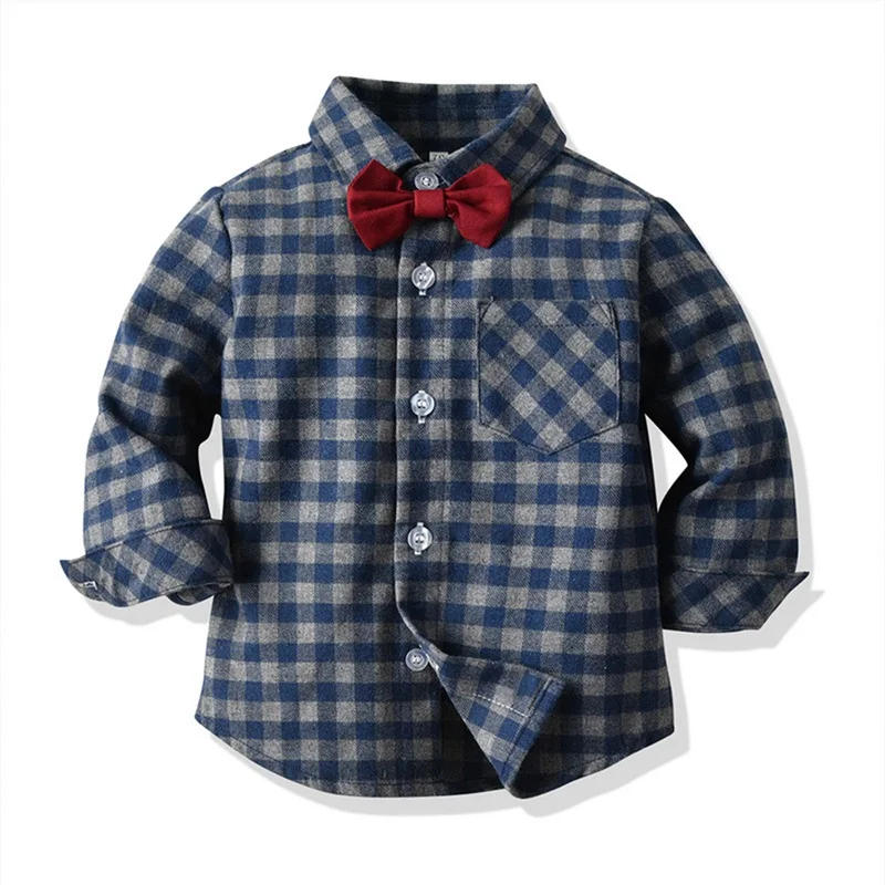 Toddler Boy Gentleman Suit Kid Formális Outfit Hosszú ujjú hajtóka Gomb Up kockás ing Suspender nadrág szettek - 3