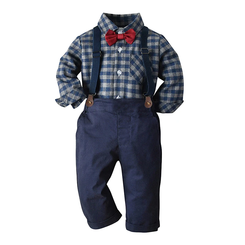 Toddler Boy Gentleman Suit Kid Formális Outfit Hosszú ujjú hajtóka Gomb Up kockás ing Suspender nadrág szettek - 4