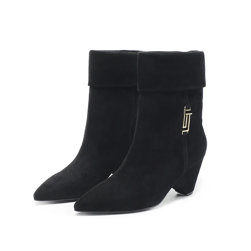 Téli női hegyes magas sarkú cipő, meleg összecsukható csizma, kényelmes bőrcsizma, GJ fém dekoratív divat, luxus Chelsea - 4