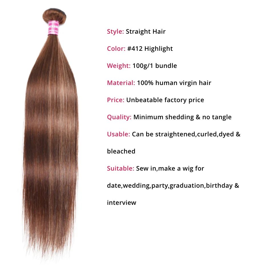 UNice haj egyenes emberi hajkötegek TL412 barna szőke kiemelési kötegek Emberi haj 3db / 4db 8-30Inch - 2