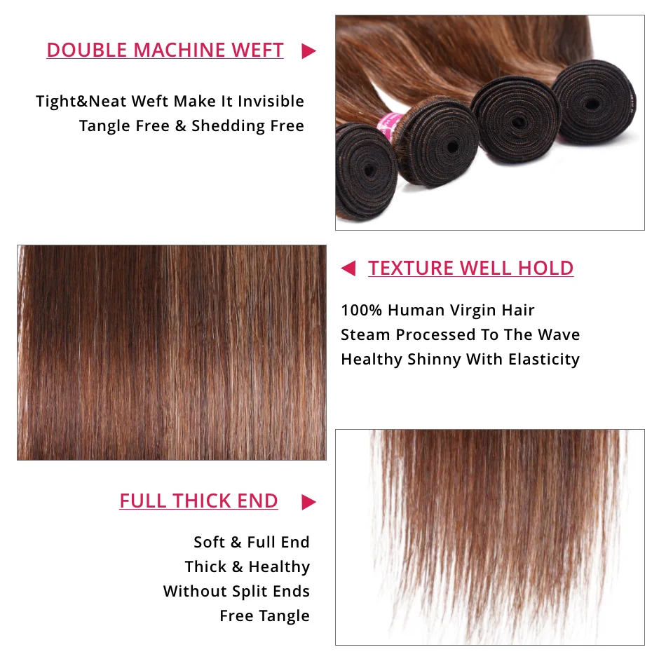 UNice haj egyenes emberi hajkötegek TL412 barna szőke kiemelési kötegek Emberi haj 3db / 4db 8-30Inch - 3