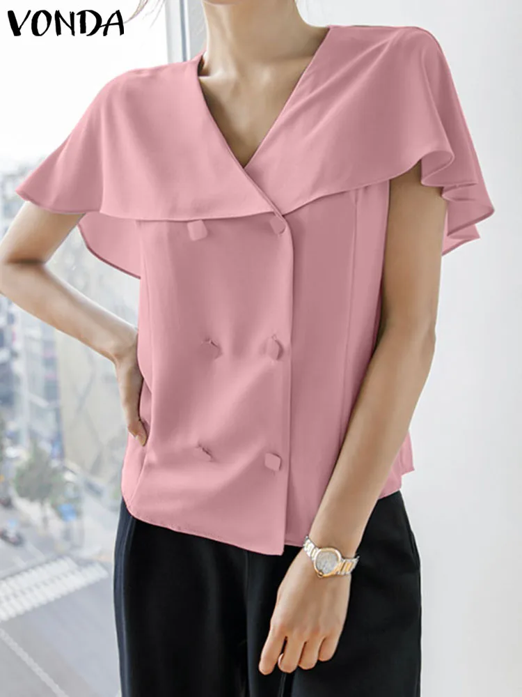 VONDA nyári alkalmi ingek női elegáns blúz 2023 divat rövid ujjú gombok Tunika felsők egyszínű OL Blusas Femininas - 1