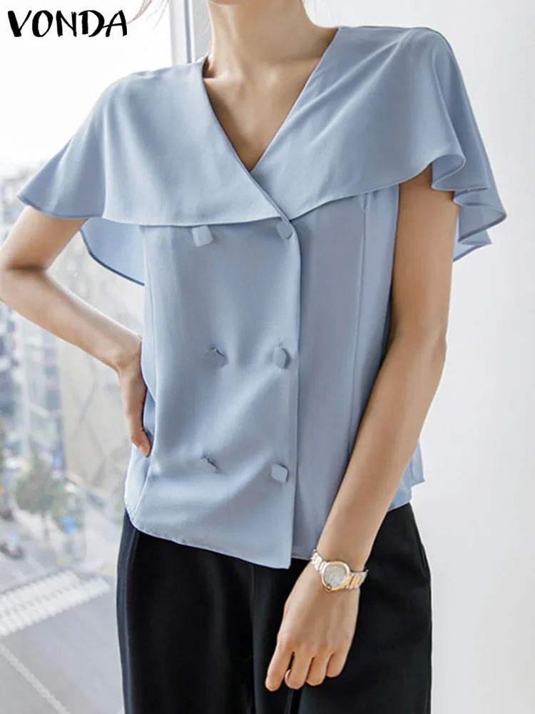 VONDA nyári alkalmi ingek női elegáns blúz 2023 divat rövid ujjú gombok Tunika felsők egyszínű OL Blusas Femininas - 3