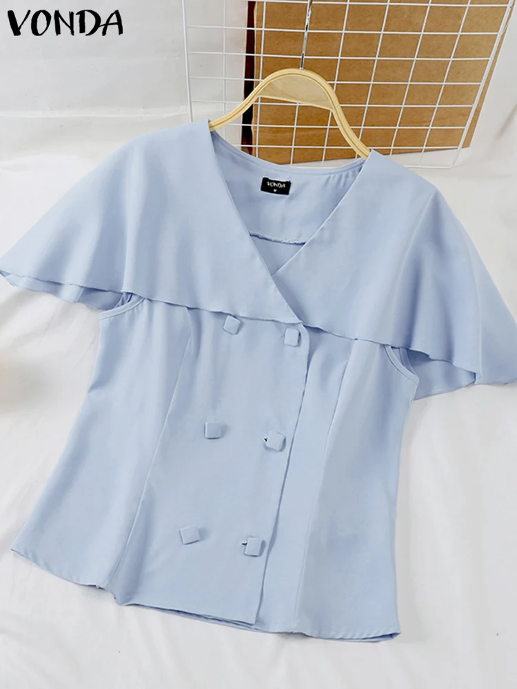 VONDA nyári alkalmi ingek női elegáns blúz 2023 divat rövid ujjú gombok Tunika felsők egyszínű OL Blusas Femininas - 4
