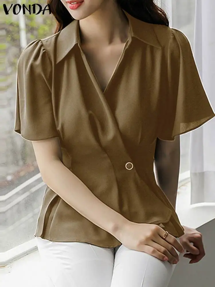 VONDA női fodros ingek Nyári szexi V-nyakú rövid ujjú blúzok 2023 egyszínű gomb elegáns felső laza alkalmi Blusas Femme - 1