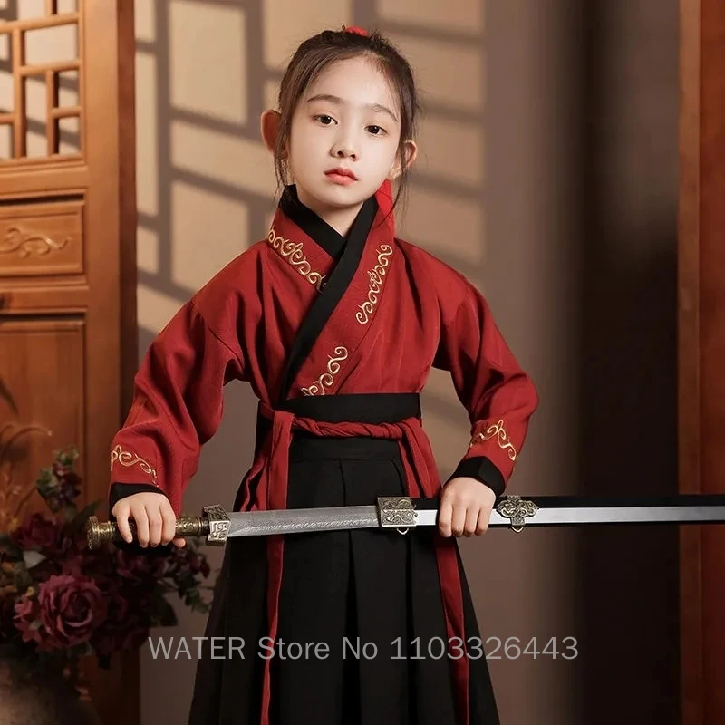 VÍZ Kínai stílusú ruhák Huamulan Hanfu Gyerekek Piros Fekete Wuxia Ősi jelmez Fiúk és lányok Teljesítmény ruhák Tavasz Ősz - 1