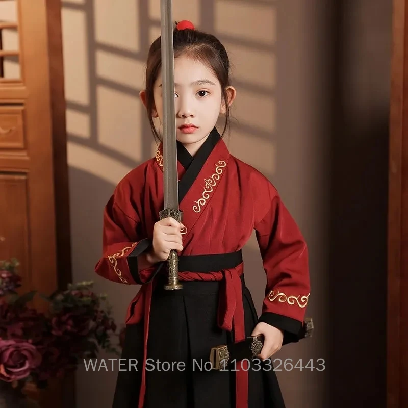 VÍZ Kínai stílusú ruhák Huamulan Hanfu Gyerekek Piros Fekete Wuxia Ősi jelmez Fiúk és lányok Teljesítmény ruhák Tavasz Ősz - 4