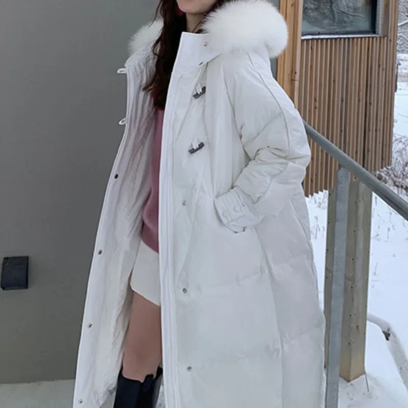 White Duck Down Jacket Női téli Új Big Real Szőrme kapucnis Közép- és hosszú koreai térd feletti divat Elegáns kürt Solid Parker - 0