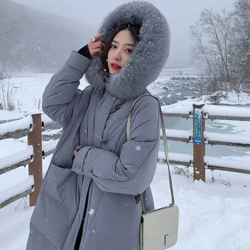 White Duck Down Jacket Női téli Új Big Real Szőrme kapucnis Közép- és hosszú koreai térd feletti divat Elegáns kürt Solid Parker - 2