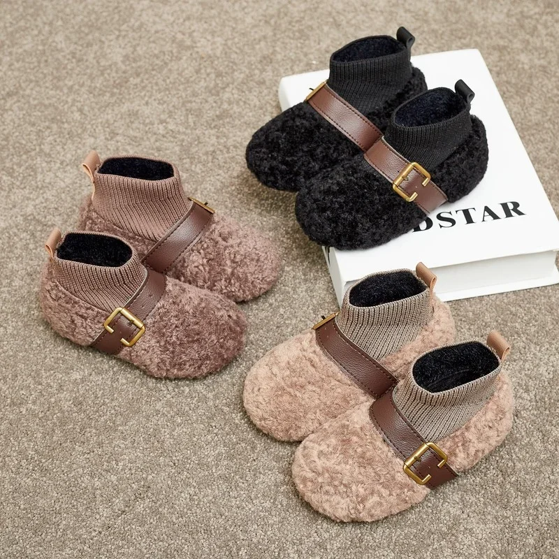 Winter Baby új külső viselete meleg szőrme cipő lányoknak Divat gyapjú száj puha talp kényelmes, csúszásmentes pamutcsizma - 0