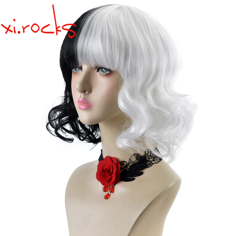 Xi-Rocks 3706 Cruella De Vil Kuila Félig fekete-fehér rövid göndör cosplay frufruval Szintetikus hamis haj - 3
