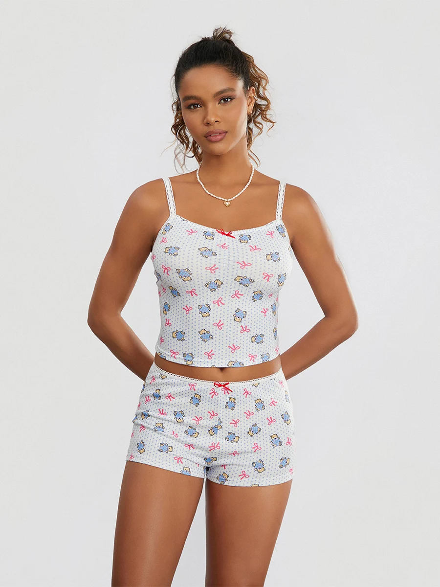Y2K Aranyos női pizsama szettek Bow Bear Print ujjatlan crop Cami felső és rövidnadrág 2 db nyári társalgóruha tini lányoknak - 0