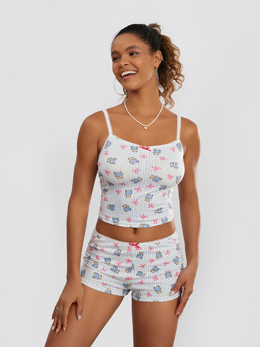 Y2K Aranyos női pizsama szettek Bow Bear Print ujjatlan crop Cami felső és rövidnadrág 2 db nyári társalgóruha tini lányoknak - 1