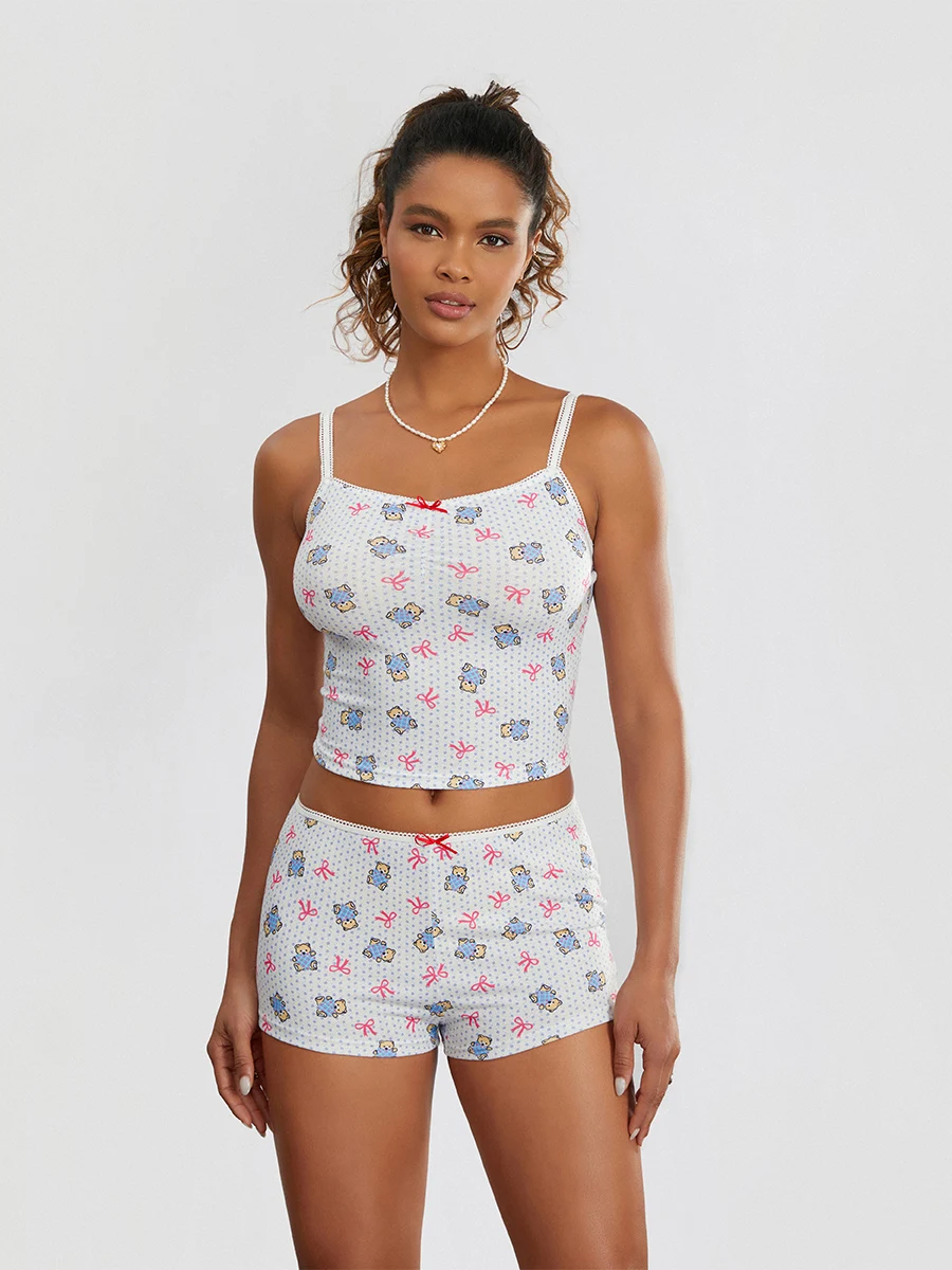 Y2K Aranyos női pizsama szettek Bow Bear Print ujjatlan crop Cami felső és rövidnadrág 2 db nyári társalgóruha tini lányoknak - 2