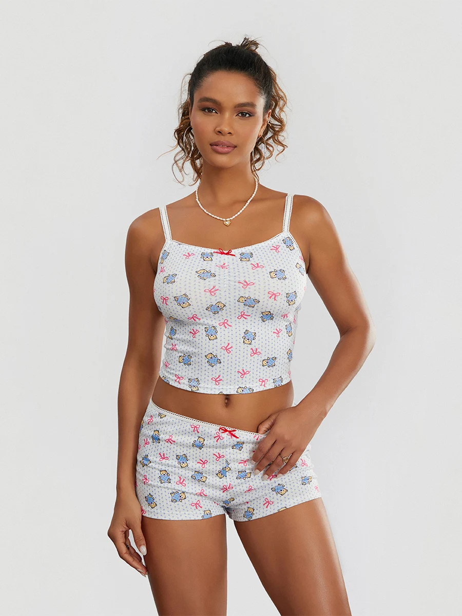 Y2K Aranyos női pizsama szettek Bow Bear Print ujjatlan crop Cami felső és rövidnadrág 2 db nyári társalgóruha tini lányoknak - 4