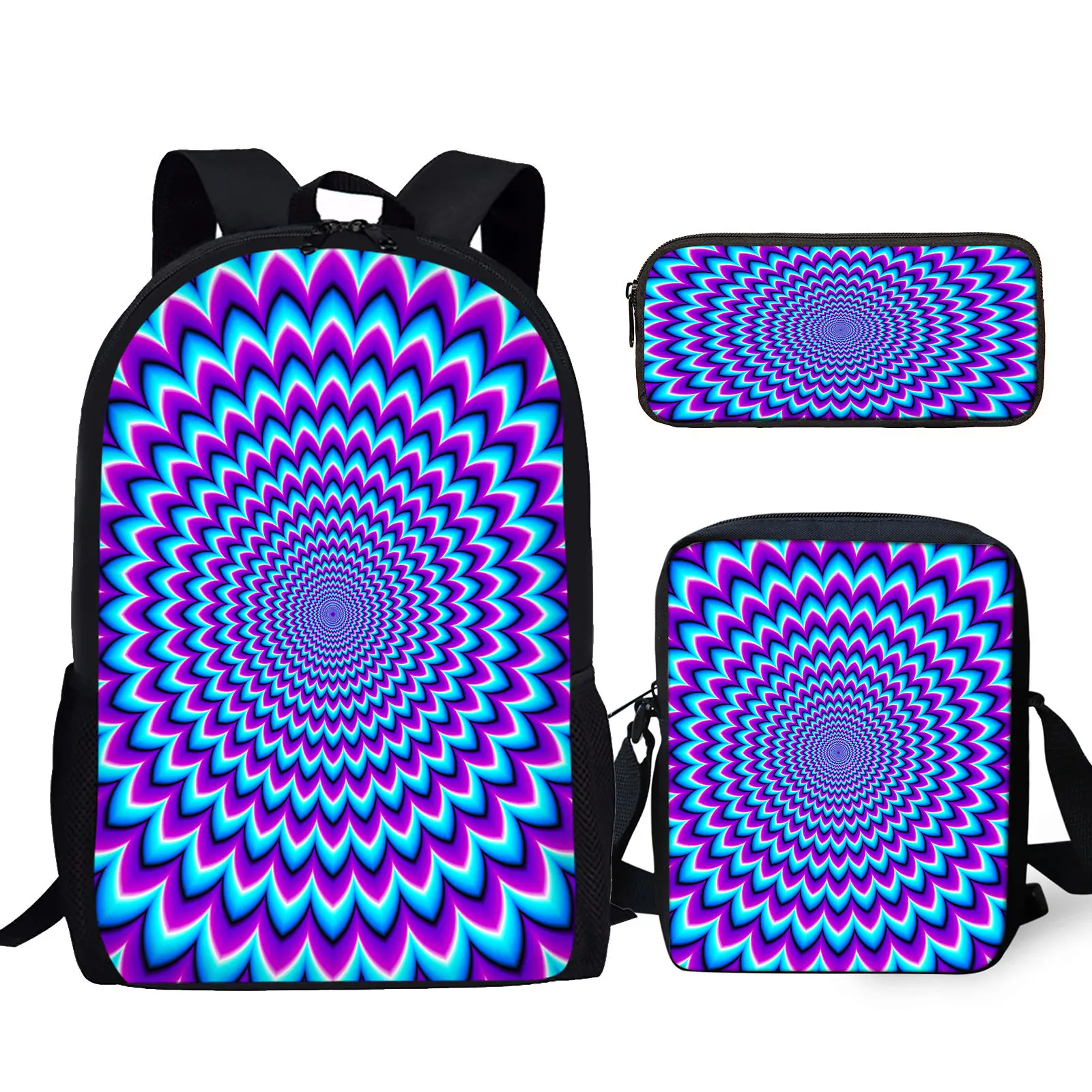 YIKELUO 3D színes pszichedelikus nyomtatott cipzáras ifjúsági hátizsák Messenger táska kék alkalmi tartós hátizsák ceruzatartó ajándékok - 1