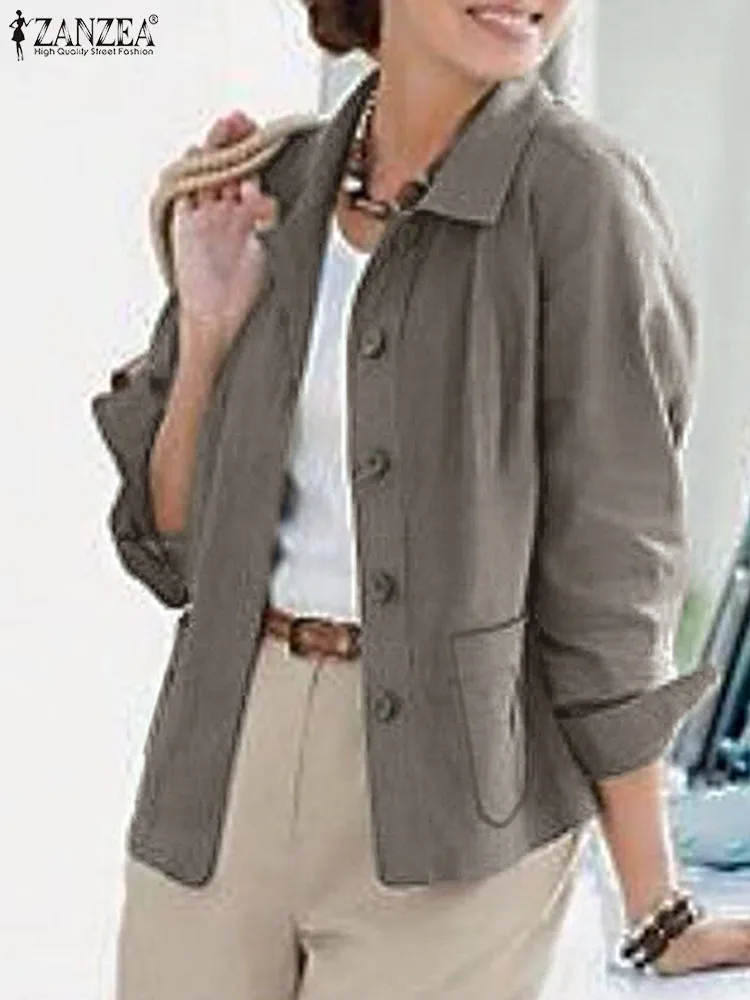 ZANZEA vintage hosszú ujjú dzsekik divatiroda OL öltöny rugós hajtóka nyak egyszínű felsőruházat női alkalmi zsebkabátok 2024 - 0