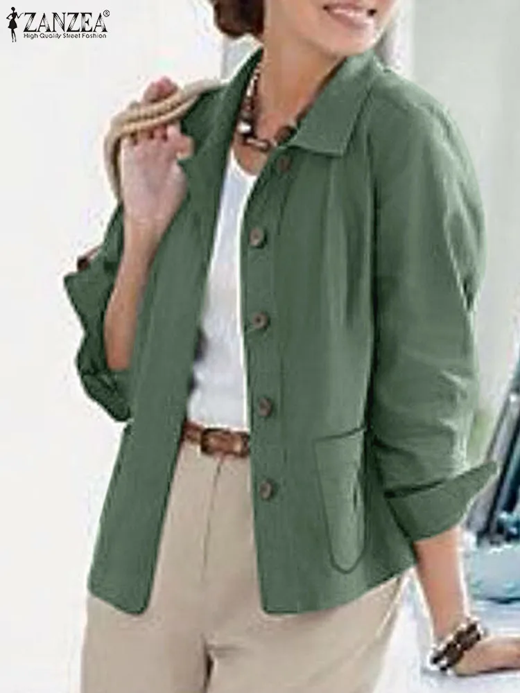 ZANZEA vintage hosszú ujjú dzsekik divatiroda OL öltöny rugós hajtóka nyak egyszínű felsőruházat női alkalmi zsebkabátok 2024 - 1