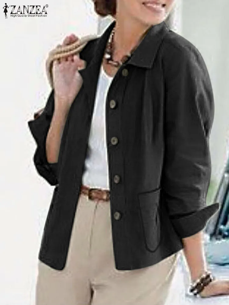 ZANZEA vintage hosszú ujjú dzsekik divatiroda OL öltöny rugós hajtóka nyak egyszínű felsőruházat női alkalmi zsebkabátok 2024 - 2
