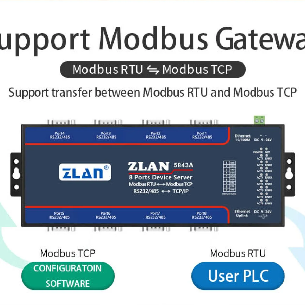ZLAN5843A 8 portos RS232 RS485 Ethernet TCP/IP Modbus ipari többszörös Ethernet soros szerver - 2