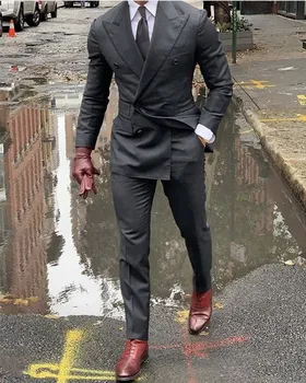 Dupla mellű szürke esküvői öltöny szalagavató férfi öltöny vőlegény Tuxedo Man Blazer Legújabb design jelmez Homme férfi öltöny 2 db kabát nadrág